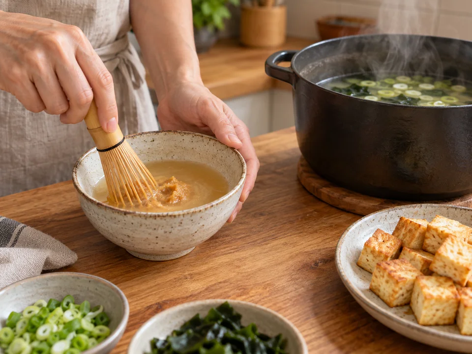 Die Misopaste mit etwas heißer Brühe glattrühren, bevor sie in die Suppe kommt.