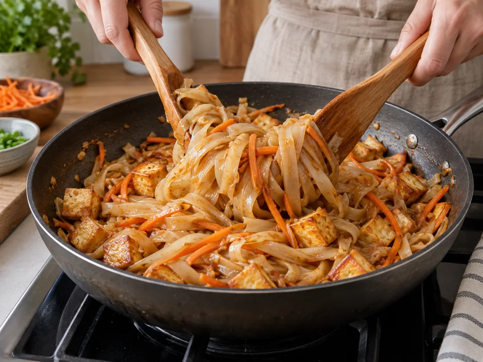 Die eingeweichten Nudeln portionsweise mit Sauce und Tofu fertig garen.