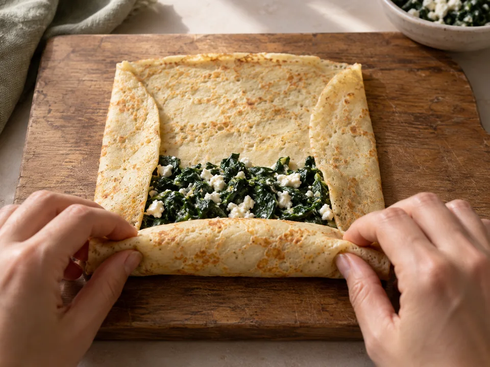 Die trockene Spinat-Feta-Füllung auflegen, Seiten einschlagen und den Pfannkuchen mit der Naht nach unten einrollen.