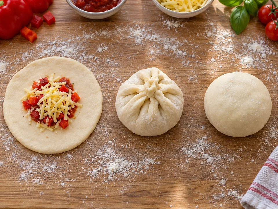 Die Teigränder über der Füllung zusammennehmen, gründlich verschließen und die Brötchen mit der Naht nach unten setzen.