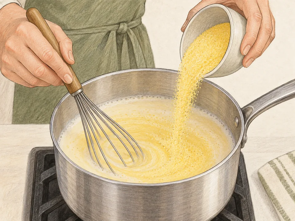 Die Instant-Polenta langsam in die heiße Flüssigkeit einrieseln lassen und dabei ständig rühren.