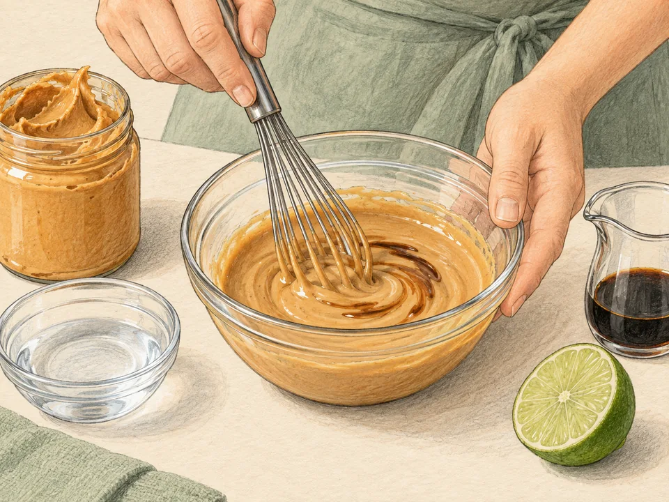 Erdnussmus mit Wasser, Sojasauce und Limette zuerst glatt rühren und dann in die Pfanne geben.