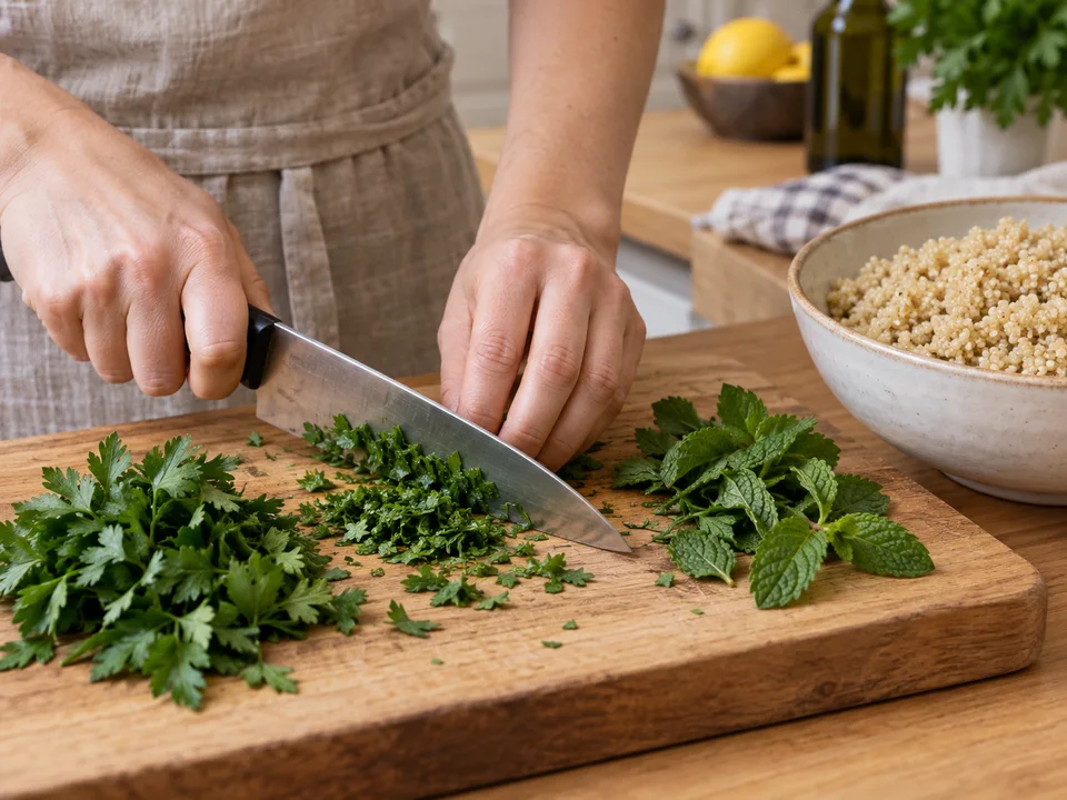 Gut getrocknete Kräuter fein schneiden; die abgekühlte Quinoa bleibt dabei locker.