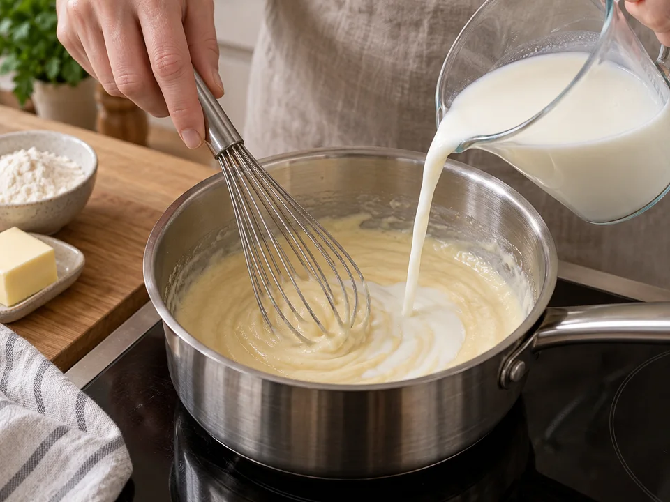 Die Milch zunächst in kleinen Portionen zur Mehlschwitze geben und glatt rühren.