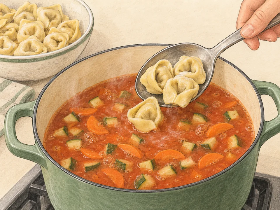 Frische Tortellini erst gegen Ende einlegen und nur sanft köcheln lassen, damit sie nicht aufplatzen.