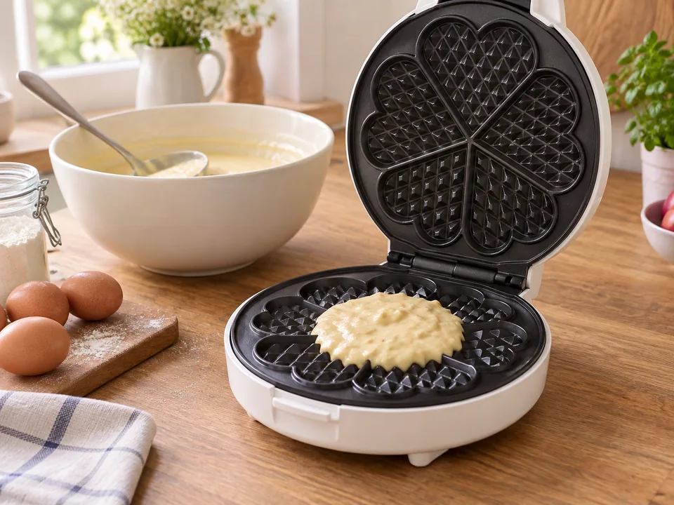 Den Waffelteig mittig dosieren und Platz zum Rand lassen, damit er beim Schließen des Eisens nicht überläuft.