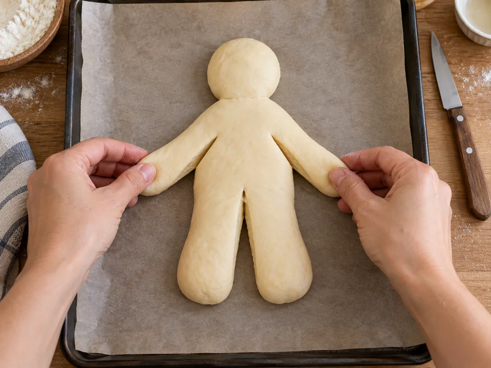 Kopf absetzen, Arme und Beine einschneiden und die Teigenden vor dem Backen deutlich auseinanderziehen.