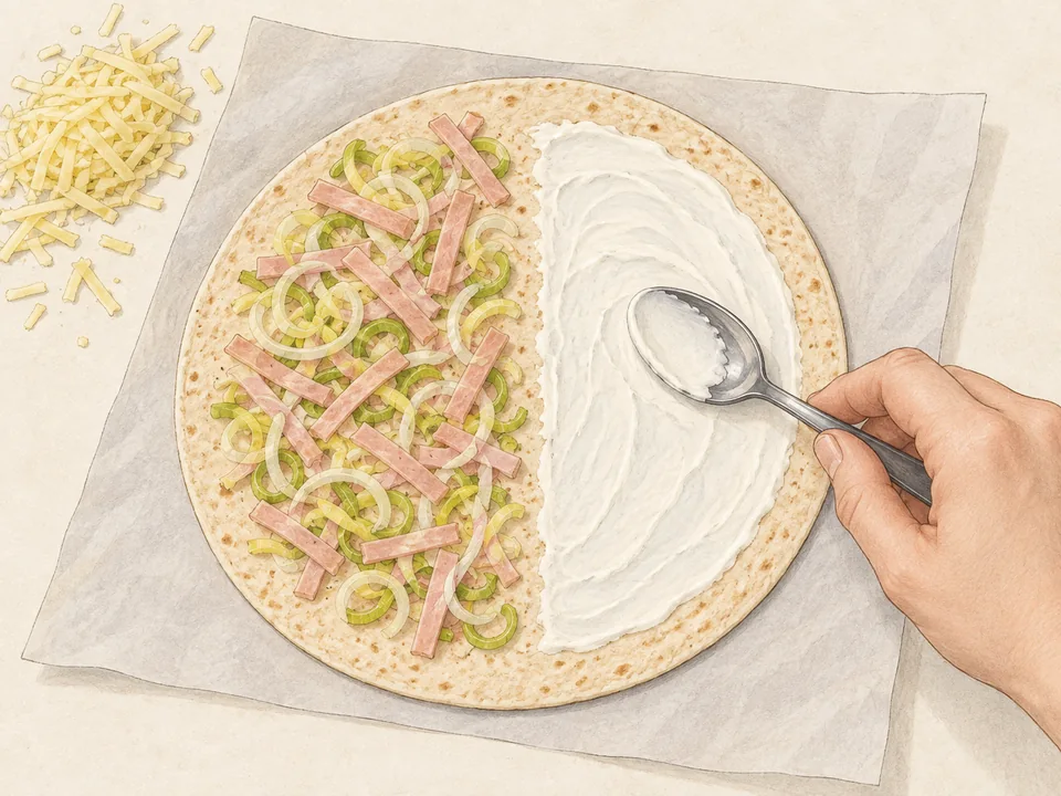 Den Belag dünn bis knapp an den Rand verteilen, damit die Tortilla im Ofen knusprig wird.