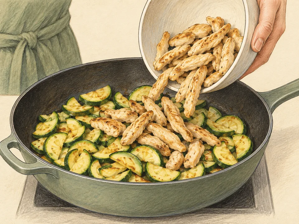 Die Zucchini zuerst kurz anbraten und das Hähnchen erst danach mit der Zitronensauce zurückgeben.
