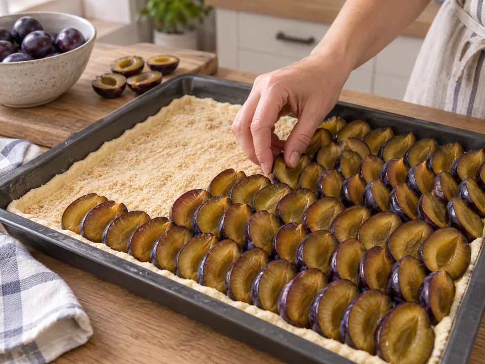 Die aufgeklappten Zwetschgen dicht und leicht überlappend mit der Fruchtseite nach oben setzen.
