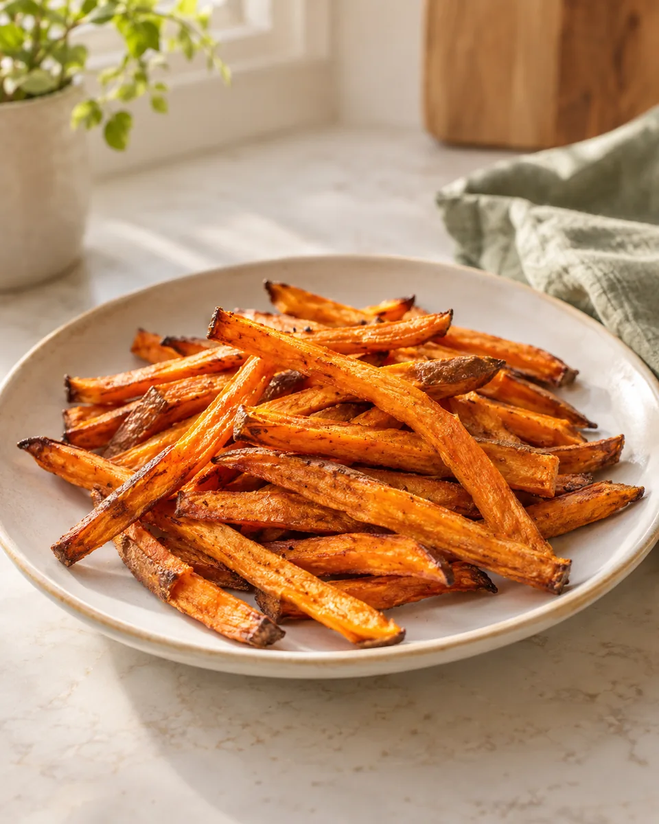 Süßkartoffel-Pommes aus dem Backofen – appetitlich angerichtete Rezeptillustration