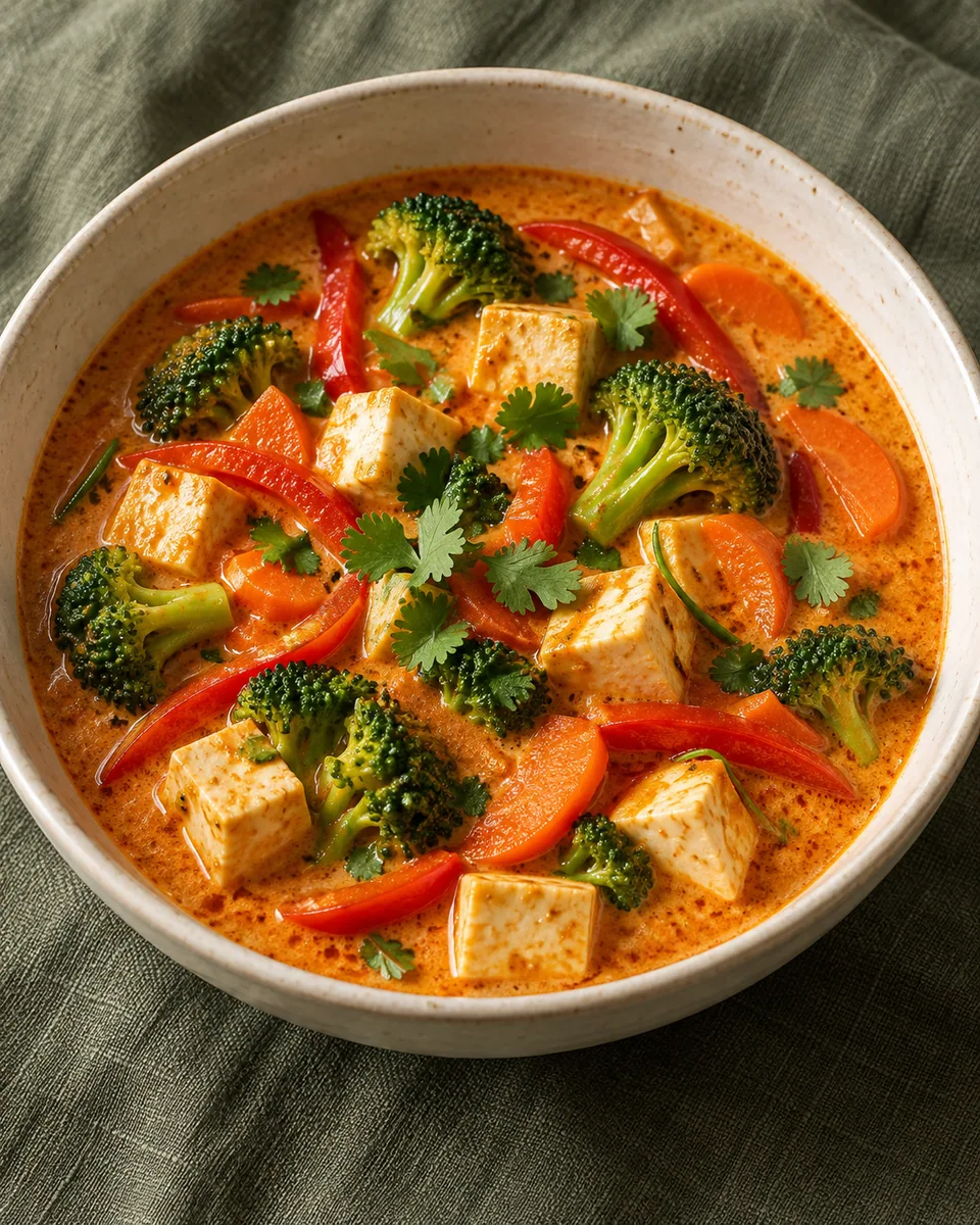 Rotes Kokoscurry mit Tofu, Brokkoli, Paprika und Möhren