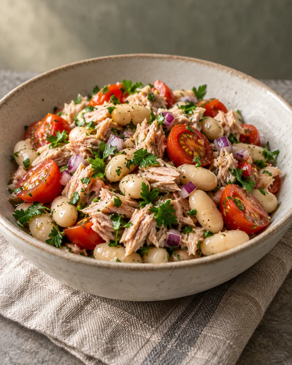 Weiße Bohnen und Thunfisch mit halbierten Tomaten, roter Zwiebel und Petersilie