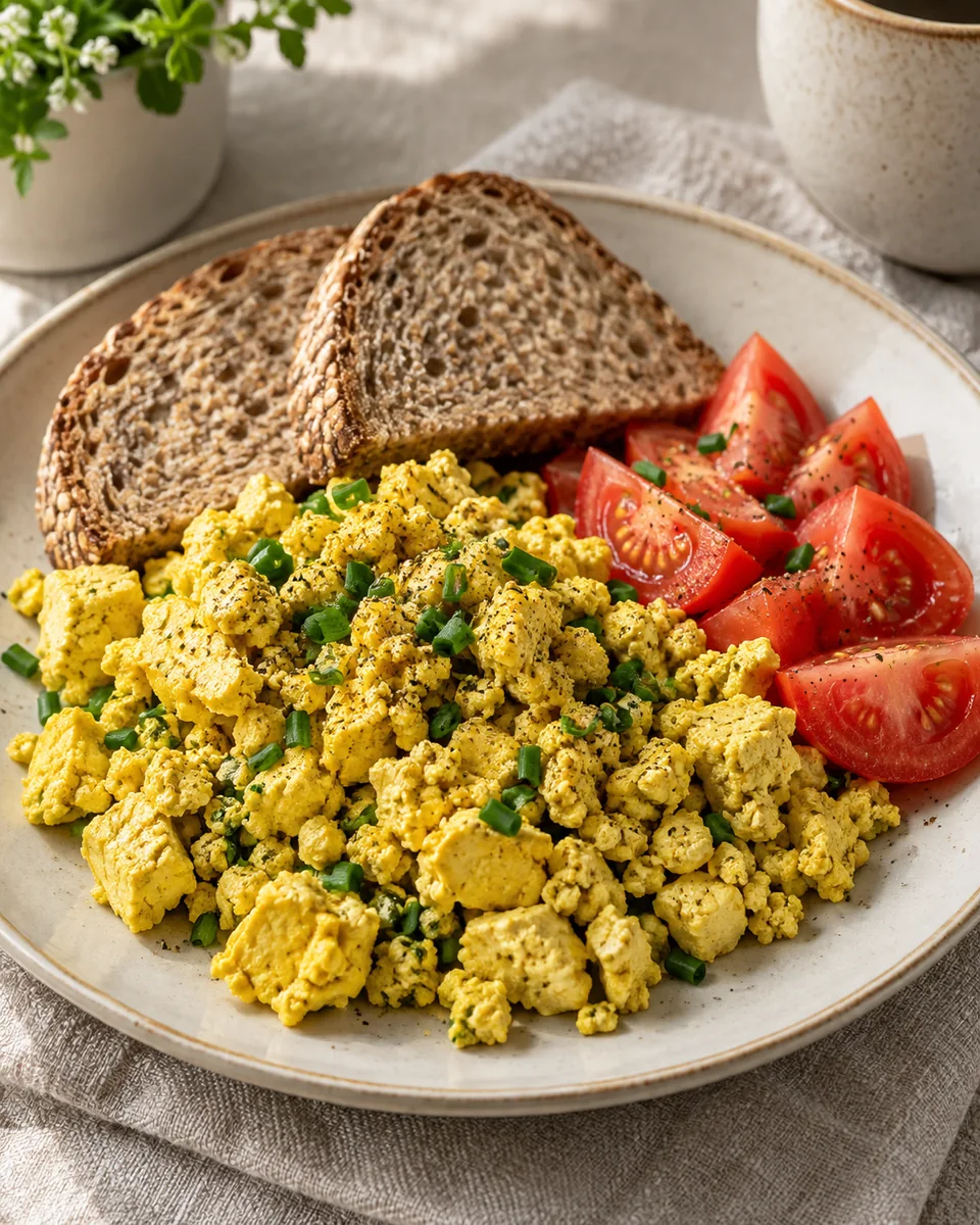 Tofu-Scramble mit Tomaten und Vollkornbrot, passend zu den beschriebenen Zutaten angerichtet. KI-generierte Rezeptillustration.