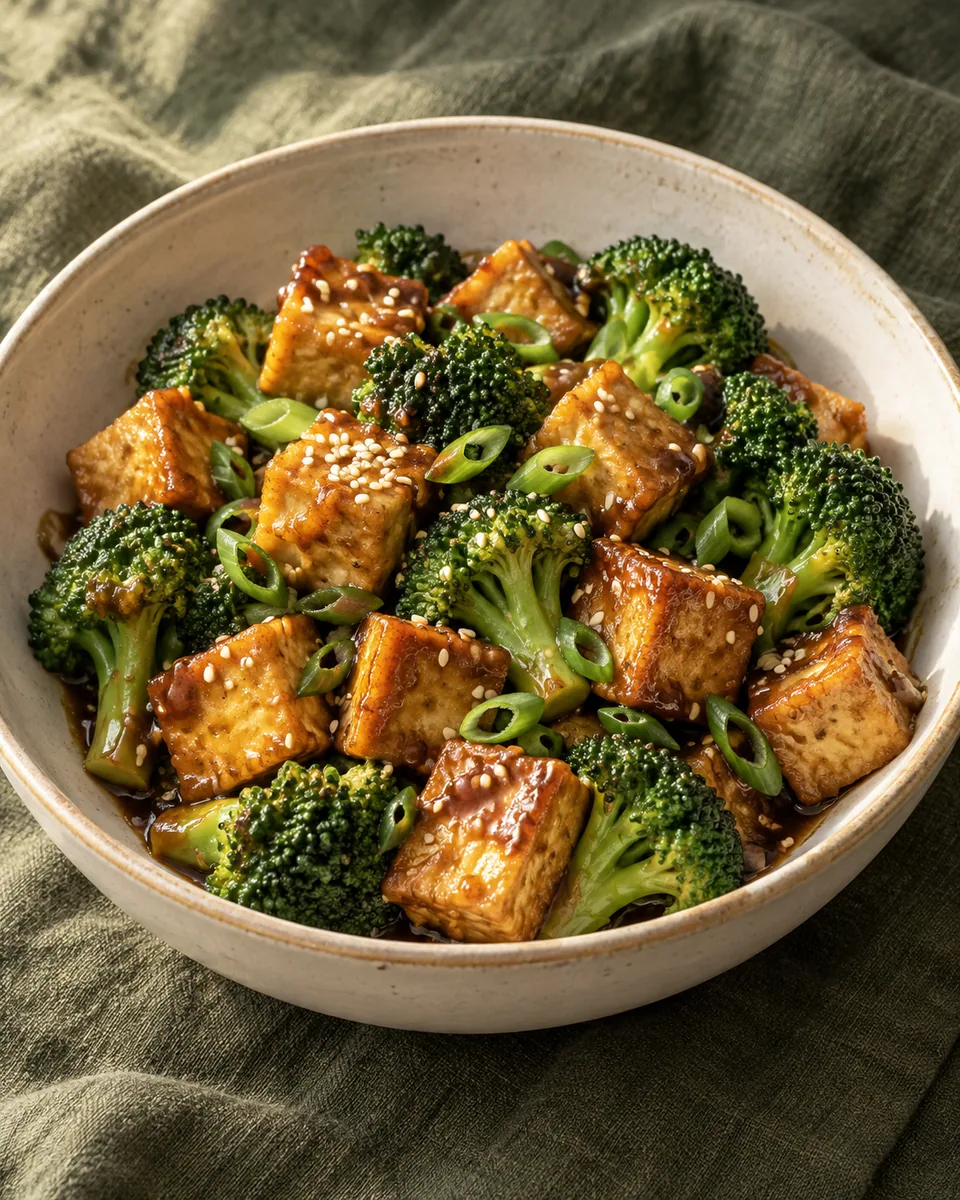 Goldbrauner Sesam-Tofu mit Brokkoli und Frühlingszwiebeln
