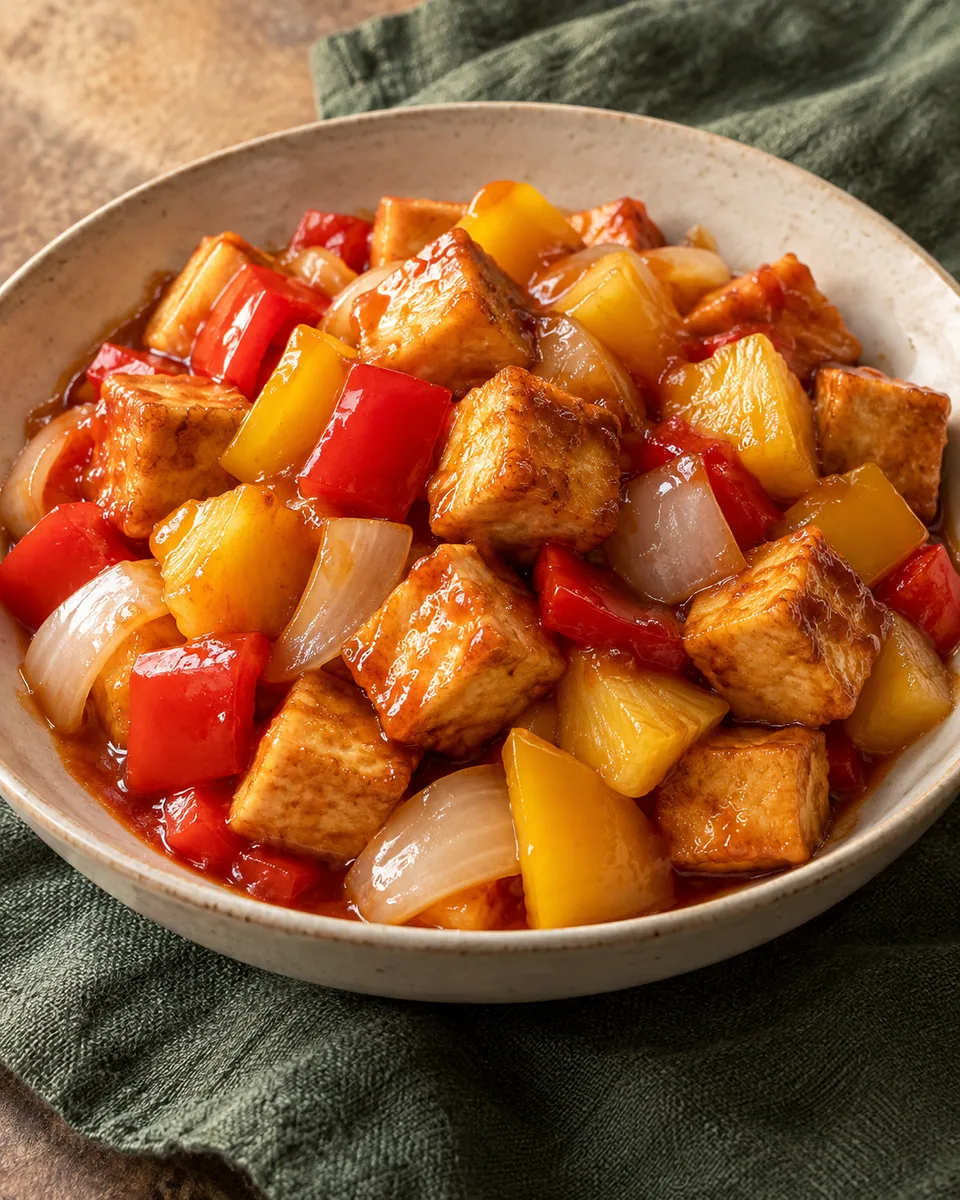 Gebratene Tofuwürfel mit Paprika und Ananas in süß-saurer Sauce