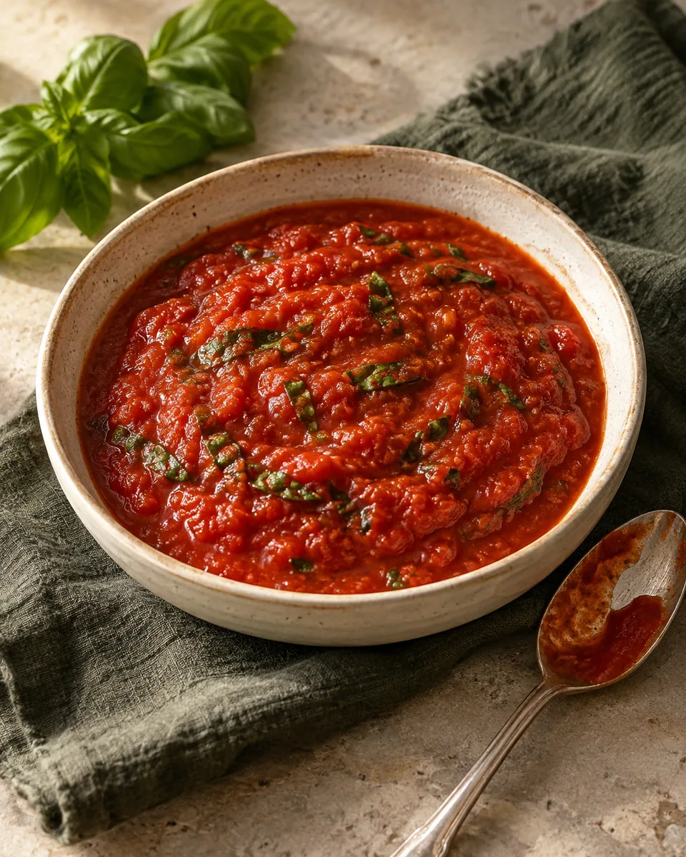 Rote Tomatensauce mit feinen Basilikumstückchen in einer offenen Schale