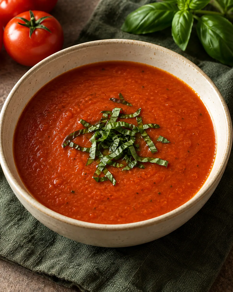 Rote Suppe aus Ofentomaten mit feinen Basilikumstreifen