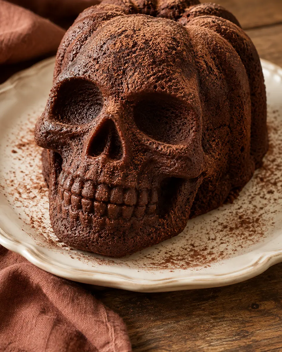 Dunkler dreidimensionaler Schokokuchen in Totenkopfform mit deutlich erkennbaren Augenhöhlen und Zähnen