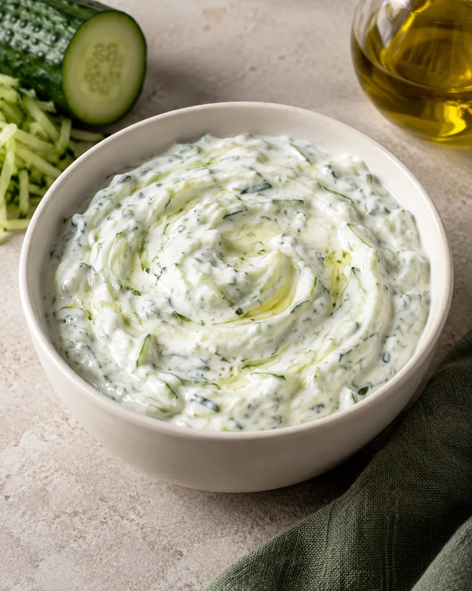 Dickes Tzatziki mit feinen Gurkenraspeln in einer weißen Schale