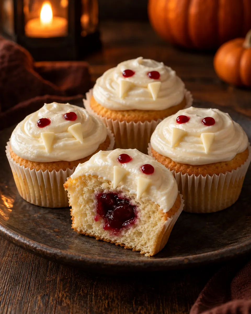 Helle Cupcakes mit weißer Creme, roten Punkten und zwei kleinen weißen Schokofangzähnen