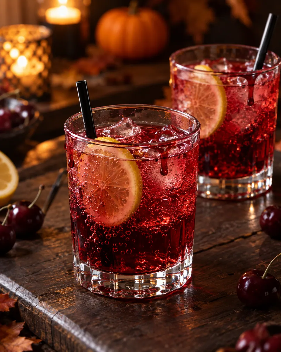Rote sprudelnde Kirschlimonade mit Eis, Zitronenscheibe und dunklen Himbeersiruptropfen am Glasrand