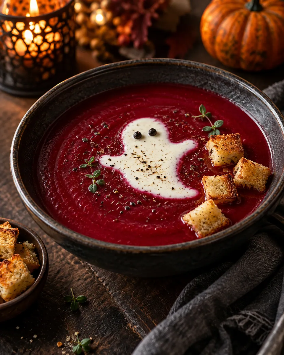 Dunkelrote Rote-Bete-Suppe mit weißem Sahnegespenst und dunklen Pfefferaugen, dazu goldene Croûtons