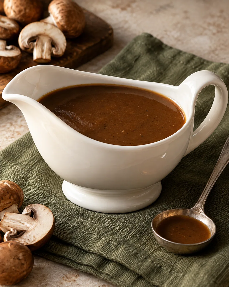 Glänzende braune vegetarische Sauce in einer weißen Sauciere