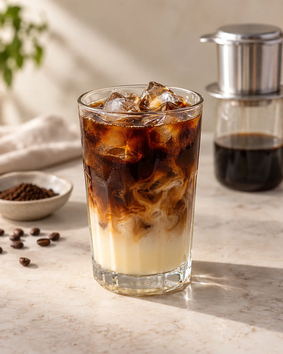 Vietnamesischer Eiskaffee mit Kondensmilch frisch angerichtet nach dem Rezept