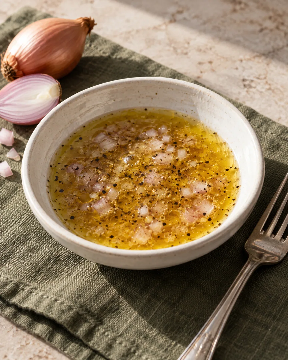 Helle Vinaigrette mit feinen Schalottenwürfeln in einer kleinen Schale