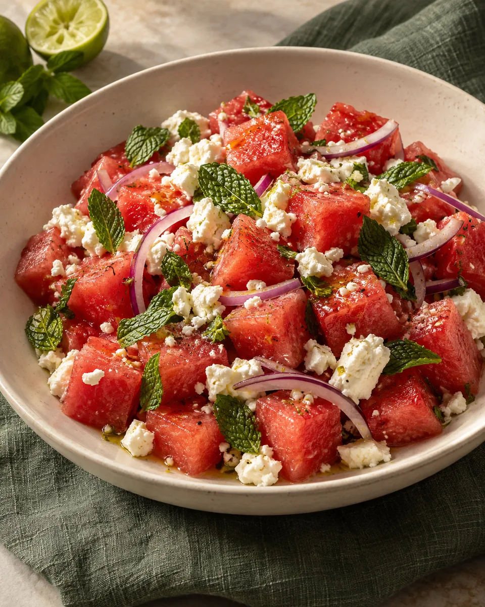 Wassermelonensalat mit Feta, Minze und roten Zwiebeln
