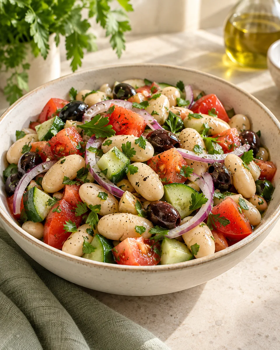 Mediterraner weißer Bohnensalat ohne Thunfisch – appetitlich angerichtete Rezeptillustration