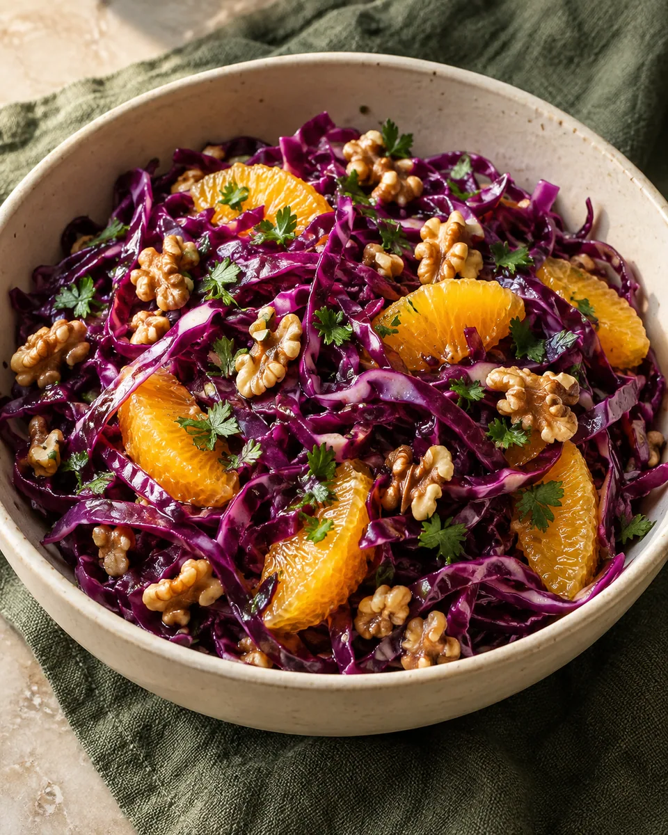 Rotkohlsalat mit Orangenfilets, Walnüssen und Petersilie