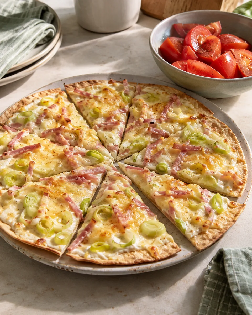 Knuspriger Wrap-Flammkuchen mit Lauch und Schinken – KI-generierte Rezeptillustration