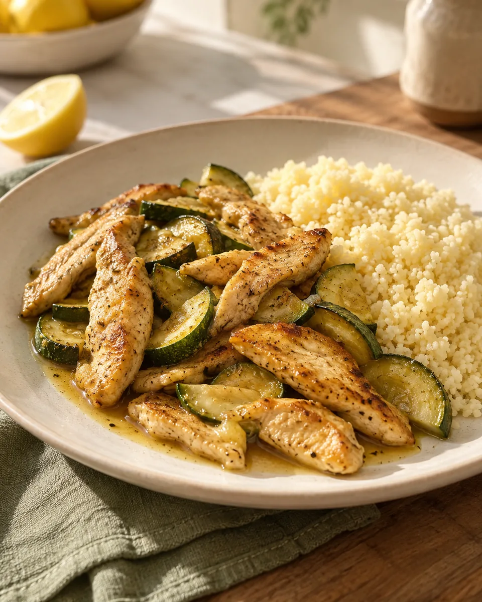 Zitronen-Hähnchen mit Zucchini und Couscous – KI-generierte Rezeptillustration
