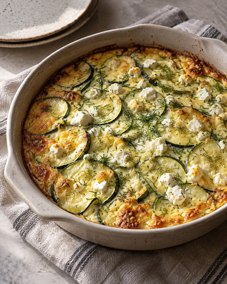 Zucchini-Feta-Auflauf mit gestocktem Eierguss und Dill