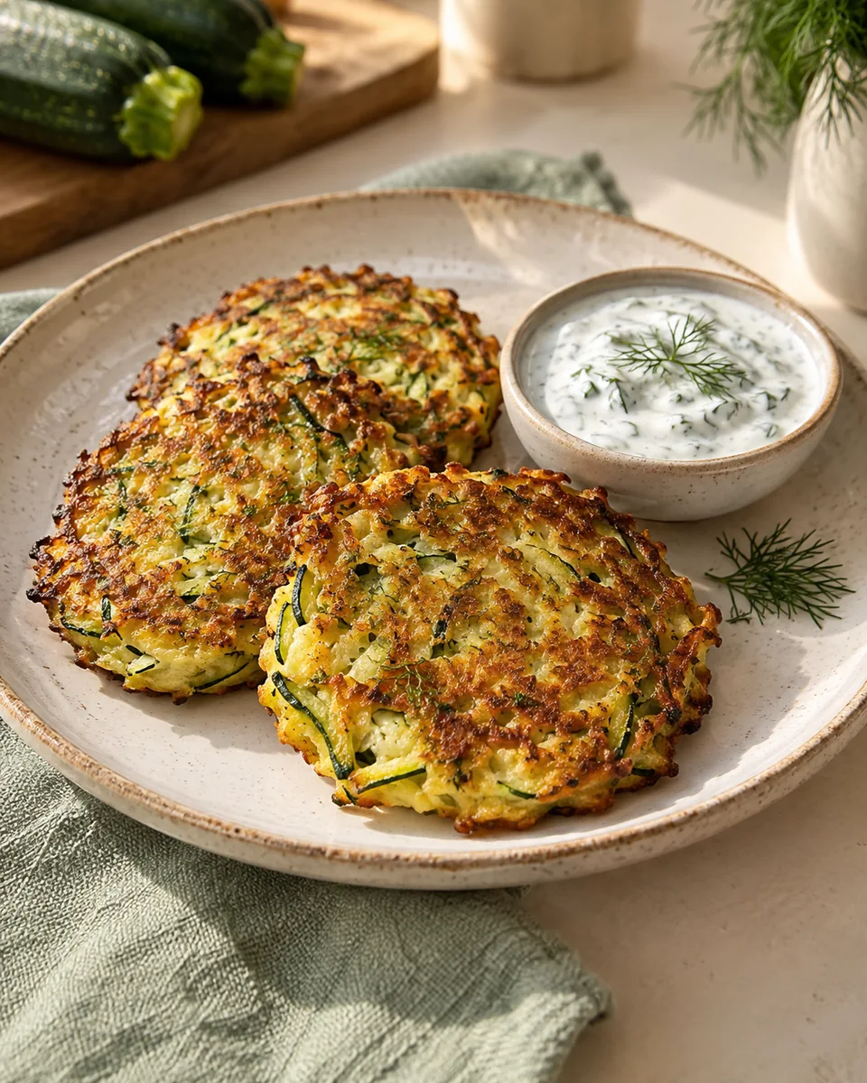 Zucchini-Puffer mit Joghurt-Dip – appetitlich angerichtete Rezeptillustration