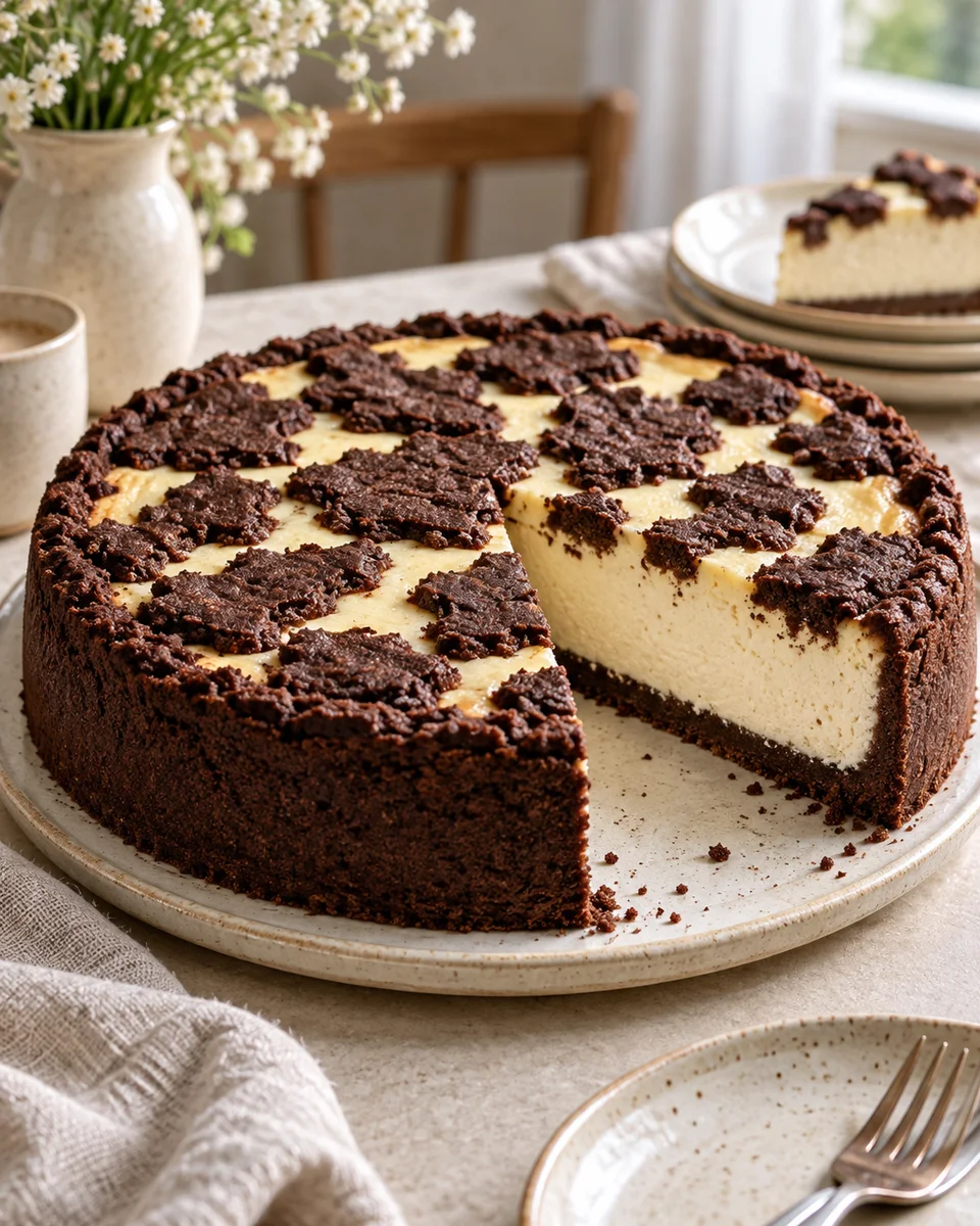 Veganer Zupfkuchen mit cremiger Vanillefüllung, als fertiges Gericht angerichtet. KI-generierte Rezeptillustration.