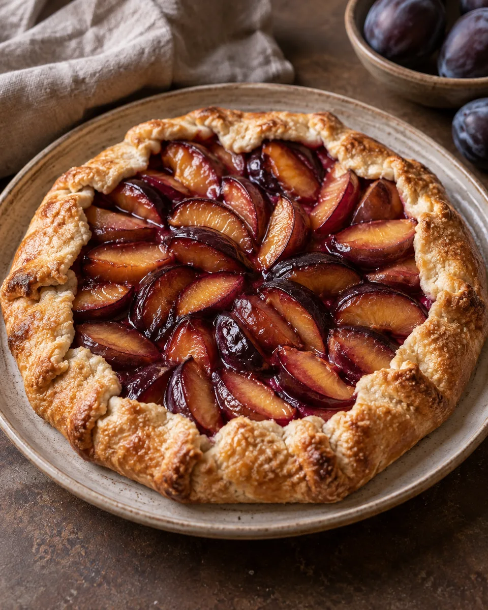 Offene Zwetschgen-Galette mit goldbraun gefaltetem Teigrand und violetten Fruchtspalten