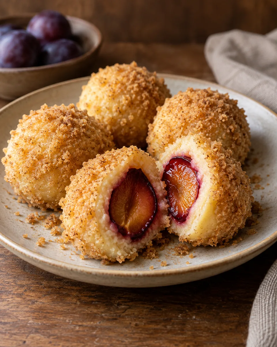 Goldene Knödel in Butterbröseln, einer aufgeschnitten mit violetter Zwetschgenfüllung