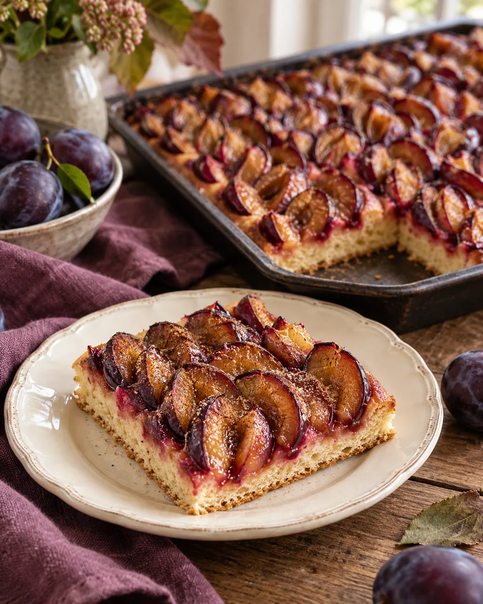 Zwetschgenkuchen vom Blech mit dicht gelegten violetten Zwetschgen auf goldenem Hefeboden ohne Streusel