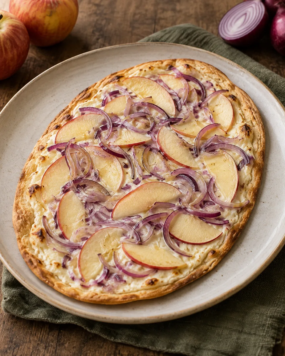 Dünner knuspriger Flammkuchen mit heller Creme, Apfelscheiben, roten Zwiebeln und Thymian